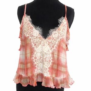 Free people one Pink Plaid Ruffle Camisole size m